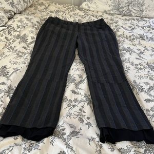Kit and Ace pinstriped pant with chiffon ruffle and bronze ankle zippers